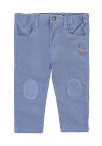 Pantaloni in cotone blu con cintura elastica, due tasche frontali, toppe sulle ginocchia e un piccolo ricamo di una giraffa marrone.