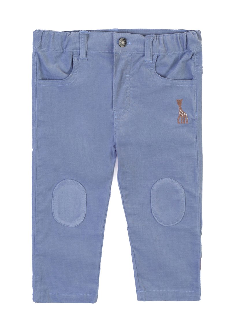 Pantaloni in cotone blu con cintura elastica, due tasche frontali, toppe sulle ginocchia e un piccolo ricamo di una giraffa marrone.