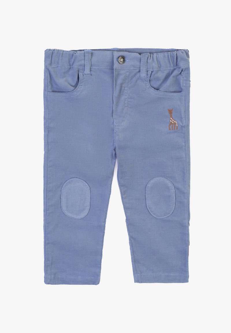 Pantaloni in cotone blu con cintura elastica, due tasche frontali, toppe sulle ginocchia e un piccolo ricamo di una giraffa marrone.