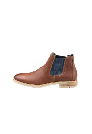 Braune Leder Chelsea-Boots mit elastischen Seitenpaneelen und einem kontrastierenden blauen Textil-Einsatz. Mit leichter Gummisohle und dekorativer Naht.