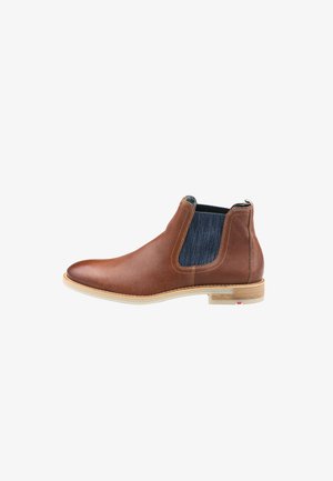 Bruine leren Chelsea-boot met elastische zijkanten en een contrasterende blauwe textielinzet. Bevat een lichte rubberen zool en decoratieve stiksels.