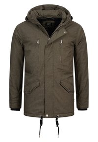 Olivgrüne Jacke mit strukturierter Oberfläche, durchgehendem Reißverschluss, zwei Brusttaschen, verstellbarem Kordelzugsaum und Kapuze. Akzente aus silbernem Metall.