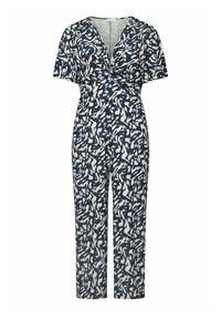 Merin ja kermansävyinen haalari, jossa on lyhyet hihat, V-pääntie, solmukohta edessä ja abstrakti kuviointi kauttaaltaan. Muotoiltu istuvuus, suorat lahkeet.