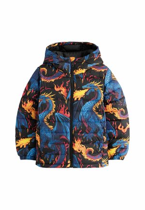 Schwarze Kapuzen-Steppjacke mit blauen Drachen, die orangefarbene Flammenmuster über den Stoff atmen, Frontreißverschluss und elastische Bündchen.