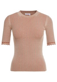 Beige en roestkleurig geribbeld T-shirt met korte mouwen en een scalloped zoom, in een aansluitende snit. Zachte, gestructureerde stof met verticale strepen.