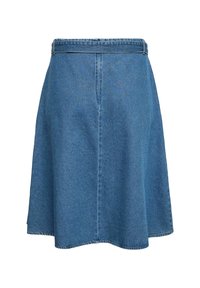 Gonna A-line in denim di colore azzurro chiaro, di lunghezza media, con un cinturino e cuciture sottili lungo l'orlo e le cuciture.