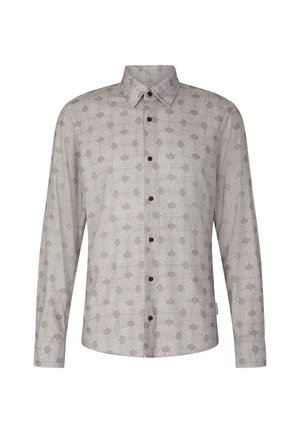 Koszula z długim rękawem, zapinana na guziki, z kołnierzykiem, prezentująca abstrakcyjny wzór geometryczny w odcieniach szarości i bieli.