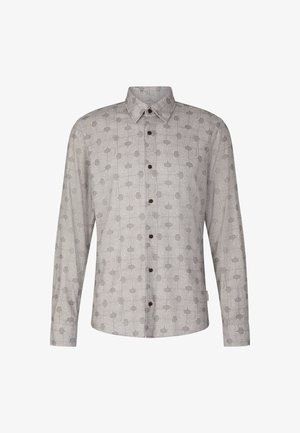 Koszula z długim rękawem, zapinana na guziki, z kołnierzykiem, prezentująca abstrakcyjny wzór geometryczny w odcieniach szarości i bieli.