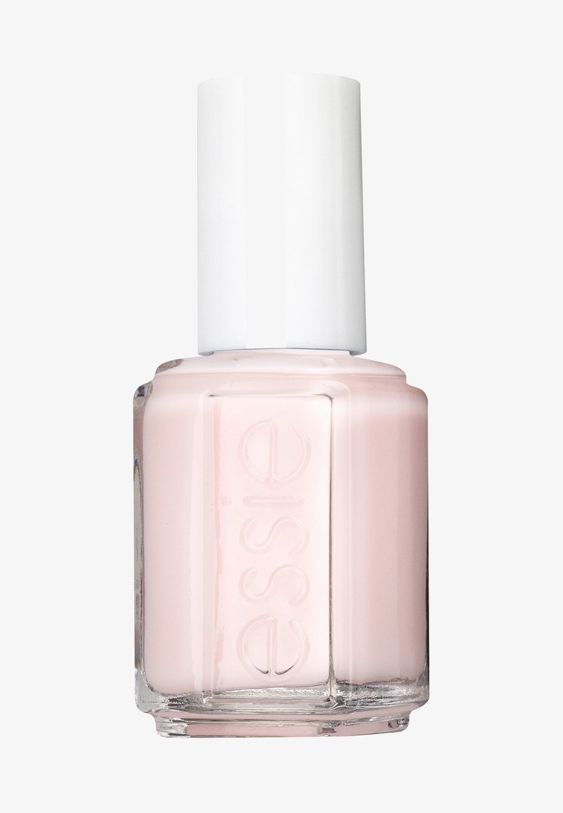 Essie nagellak in een helder glazen fles, met een ronde witte dop. De lak heeft een lichte roze tint met een gladde, glanzende textuur.