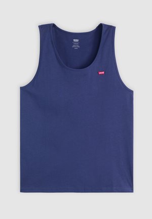 Marineblaues Baumwoll-Tanktop mit rundem Ausschnitt und kleinem rotem Levi's-Logo auf der Brust. Glatte Textur, Standardpassform.