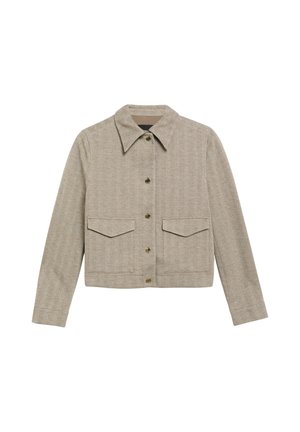 Beige Cropped-Jacke mit Fischgrätmuster, langen Ärmeln, spitzem Kragen, vorderen Knöpfen und zwei Klappentaschen.