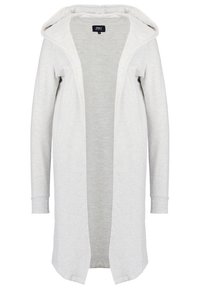 Cárdigan acogedor de un gris claro con capucha, abertura frontal, mangas largas y puños acanalados. Textura suave y silueta relajada y recta.