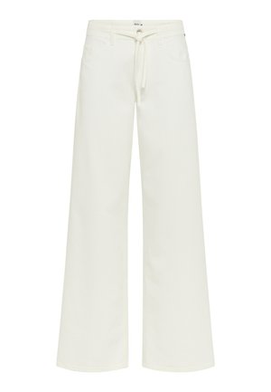 Weiße weit geschnittene Hose aus weichem Stoff. Verfügt über einen Kordelzugbund, zwei Fronttaschen und eine lockere Passform mit sauberen Kanten.