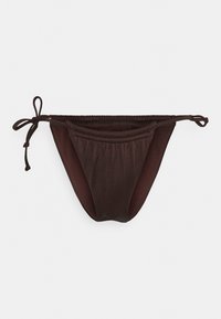 Fundo de bikini castanho feito de um tecido suave, com laços ajustáveis nas laterais, apresentando um design sem emendas e uma estética simples e minimalista.
