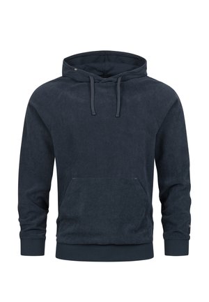 Hoodie en velours côtelé bleu foncé avec cordons, poche avant et poignets côtelés. Présente une texture douce et une coupe décontractée.