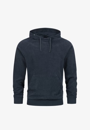 Donkerblauwe corduroy hoodie met trekkoorden, een voorkantzak en ribgebreide manchetten. Heeft een zachte textuur en een relaxte pasvorm.