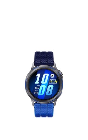 Smartwatch with blue fabric strap showing time 10:08 and weekly running distance of 101.56 kilometers on its digital display.
