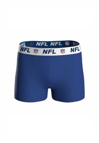 Blå herrboxerbriefs med vit midja som har upprepade NFL-logotyper i röd, vit och blå.