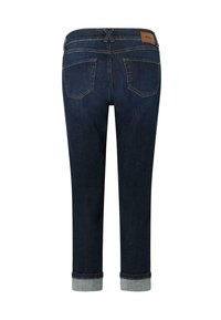 Jeans in denim scuro con orlo ripiegato, dotati di tasche posteriori e un'etichetta in pelle sulla cintura. Design classico a cinque tasche.