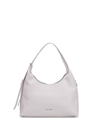 Zachte lavendelkleurige leren schoudertas met een enkele riem en een klein metalen logo middenvoor.