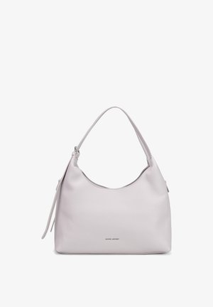 Sac à bandoulière en cuir lavande doux avec une seule sangle et un petit logo métallique au centre devant.