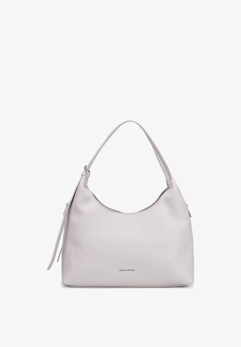 Sac à bandoulière en cuir lavande doux avec une seule sangle et un petit logo métallique au centre devant.