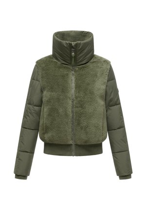 Veste verte olive avec un haut texturé et flou et des manches en tissu matelassé lisses. Col montant, fermeture éclair et ourlet côtelé.