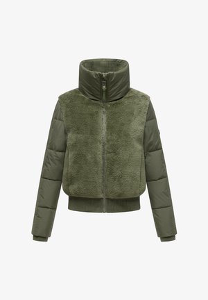 Veste verte olive avec un haut texturé et flou et des manches en tissu matelassé lisses. Col montant, fermeture éclair et ourlet côtelé.