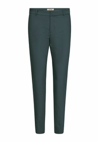 Tmavě zelené slim-fit kalhoty s plochým předním dílem, poutky na opasek a hladkým povrchem, s zapínáním na zip a bez viditelných kapes.