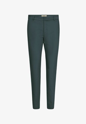Dark green slim-fit trousers with a flat front, belt loops, and a smooth texture, featuring a zipper fly and no visible pockets.