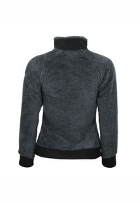 Giacca in felpa grigia scura e pelosa con colletto alto, rifiniture nere ai polsini e all'orlo, e un tessuto morbido e strutturato. Vista posteriore.