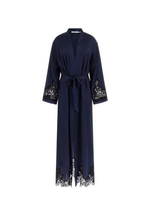 Navy blue robe featuring long sleeves, a tie waist, and intricate black lace detailing at the hem and sleeves. Smooth, lightweight fabric.