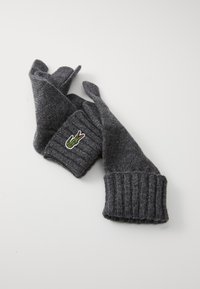Guantes de lana grises con un puño acanalado y un pequeño logotipo verde bordado. Presentan un acabado suave y texturizado y un ajuste ceñido.