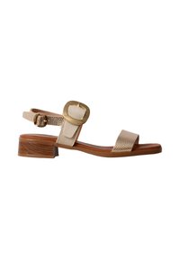 Sandale en cuir beige avec un petit talon bloc en bois, une large bride avant, une bride chevillère et une grande boucle dorée.
