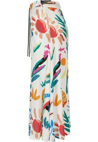 Pantalons larges à motif floral en tissu léger. Présentent des imprimés multicolores, une taille élastique et un détail avec cordon de serrage.