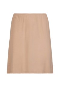 Beige knälång kjol av mjukt, stretchigt tyg med elastisk midjeresår. Enkel design, inga mönster eller utsmyckningar.