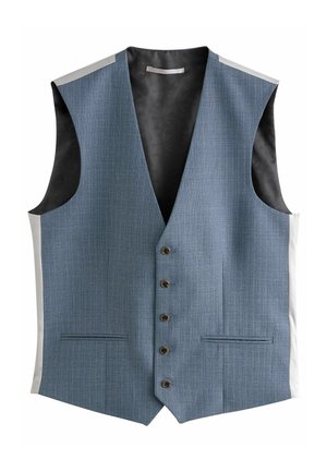 Gilet texturé bleu avec un décolleté en V profond, cinq boutons marron et doublure en satiné noir. Agrémenté de panneaux latéraux gris et de deux poches avant.
