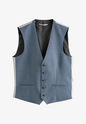 Gilet texturé bleu avec un décolleté en V profond, cinq boutons marron et doublure en satiné noir. Agrémenté de panneaux latéraux gris et de deux poches avant.