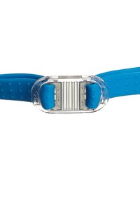 Pulsera de silicona azul ajustable con superficie texturizada y hebilla deslizante de plástico transparente para el cierre y ajuste de tamaño.