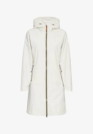 Langer weißer Regenmantel mit Kapuze, Frontreißverschluss, seitlichen Taschen und strukturierter Oberfläche. Verfügt über goldene Hardware und ein entspanntes Design.