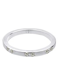 925 sterling sølvring med en glat bånd med fire klare sten sat i en linje, præsenteret med en poleret finish og minimalistisk design.