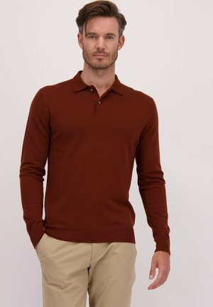 Lange mouw rustkleurige polo-shirt met een kraag, een placket met twee knopen en geribde manchetten, gemaakt van een zachte gebreide stof.