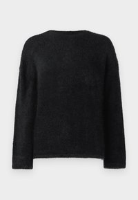 Pull noir en peluche avec des manches longues, encolure ronde et une surface douce et texturée. Design simple, sans motifs ou accessoires supplémentaires.