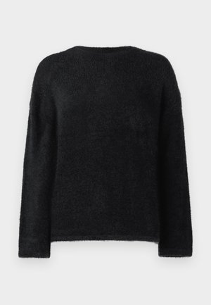 Zwarte fuzzy trui met lange mouwen, ronde hals en een zachte, gestructureerde oppervlakte. Eenvoudig ontwerp, geen extra patronen of hardware.