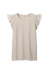 Striped beige t-shirt with short, ruffled sleeves and a round neckline. Made of soft fabric with horizontal lines and a relaxed fit.