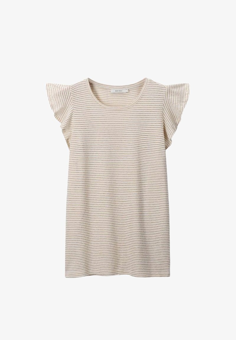 Gestreepte beige t-shirt met korte, ruchesmouwen en een ronde halslijn. Gemaakt van zachte stof met horizontale lijnen en een relaxte pasvorm.