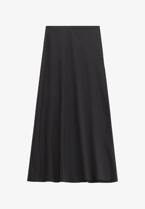 Gonna nera a forma A realizzata in tessuto liscio. Presenta una vita alta e scivola dolcemente fino all'orlo, offrendo una vestibilità rilassata e una silhouette elegante.