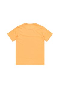 Krátky rukáv, tričko s okrúhlym výstrihom v jednotnej oranžovej farbe; vyrobené z mäkkej bavlny; má hladký zadný diel bez grafiky alebo vzorov.