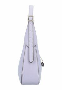 Lichtpaarse leren handtas met een enkele verstelbare schouderriem, een gladde textuur, contrasterende stiksels en een decoratieve kwastaccent.