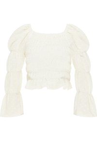 White smocked blouse with puffed sleeves, textured fabric with small dot patterns, and ruffled hemline, featuring a square neckline.